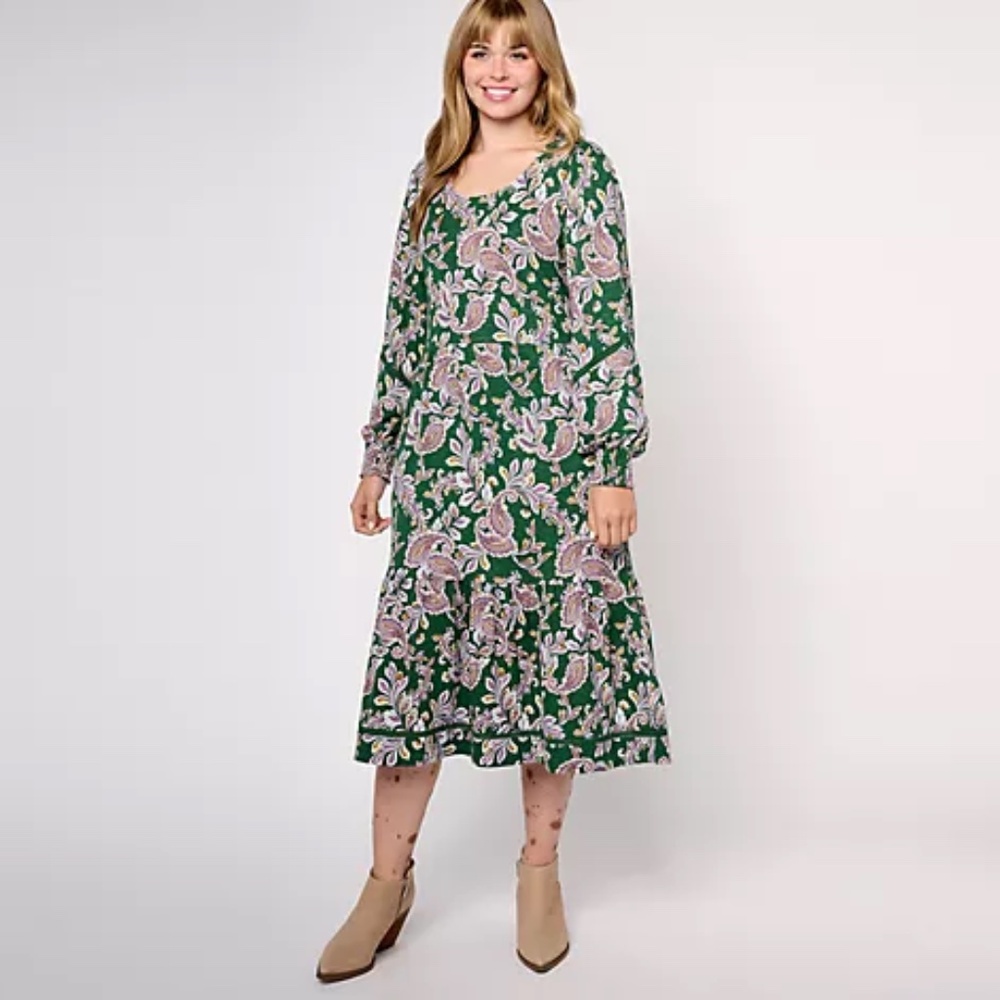 NWT CANYON RETREAT WOMAN PLUS 1X MIDI BOOT DRESS GREEN PAISLEY CASUAL
